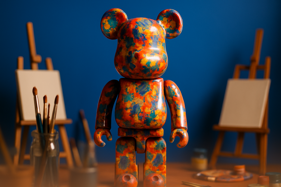 Bearbrick bear in the art studio with a blue background but lower part of the picture is blurry, so that text on top can be visible